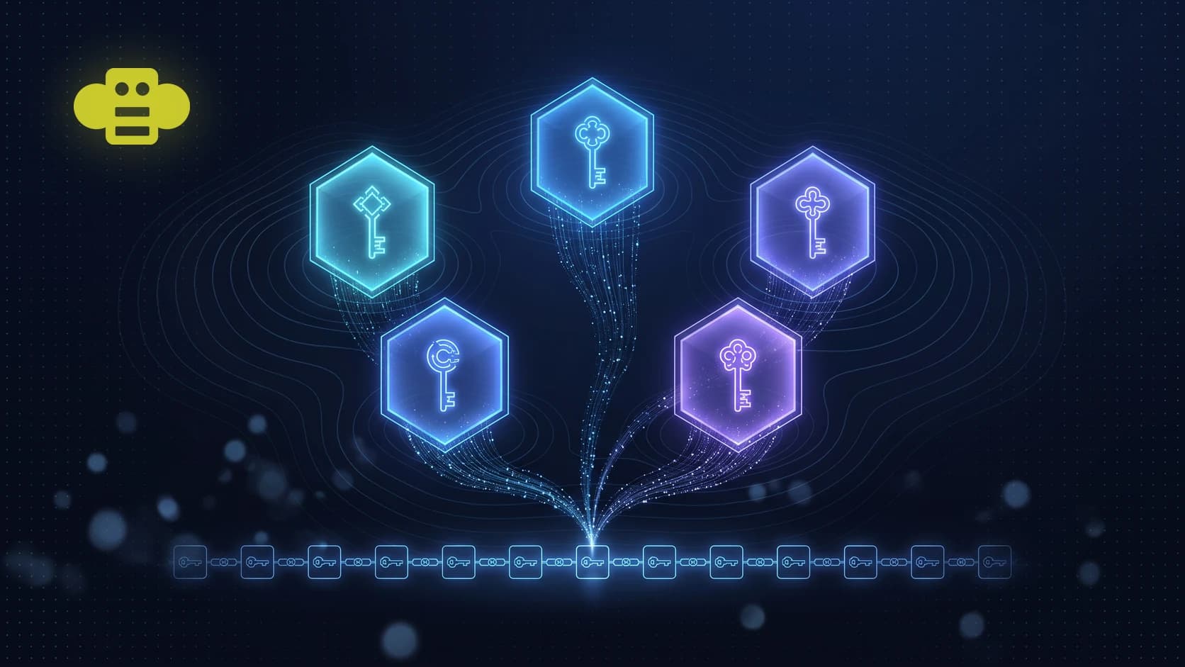 The chartreuse Buzz bee mark in the upper left, beside five translucent hexagonal panels glowing in blue, cyan and violet, each carrying its own distinct key glyph, with light streams converging into a single chain of linked blocks below.