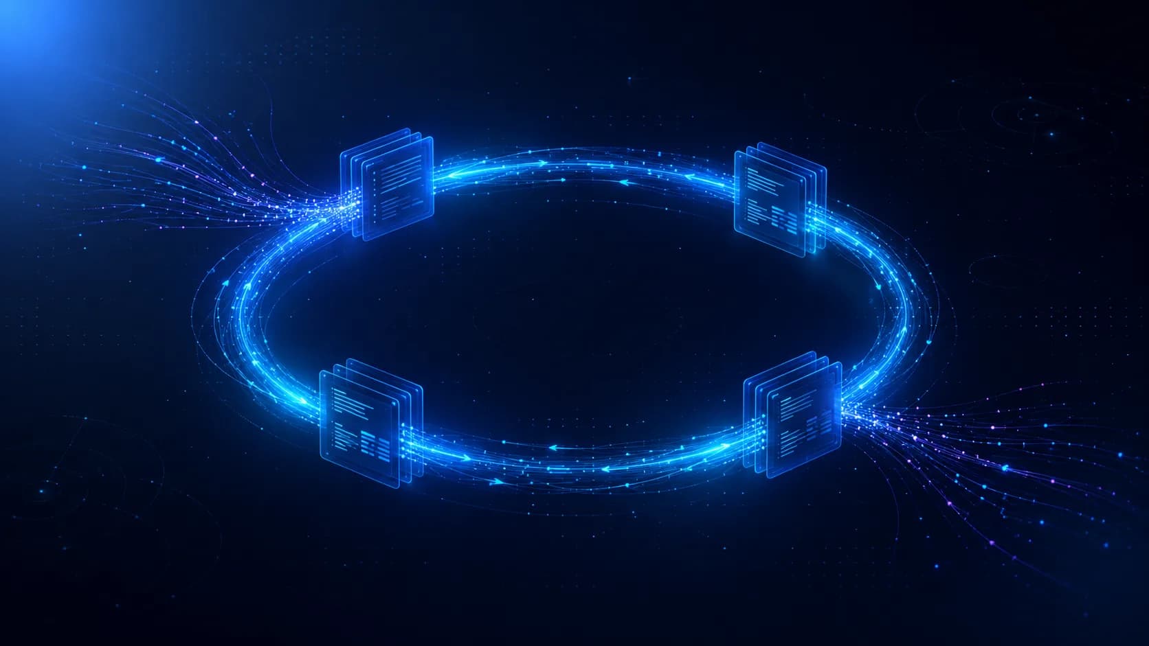 An electric-blue loop of flowing data feeding four translucent skill-file cards, representing an AI agent turning completed tasks into reusable skills.