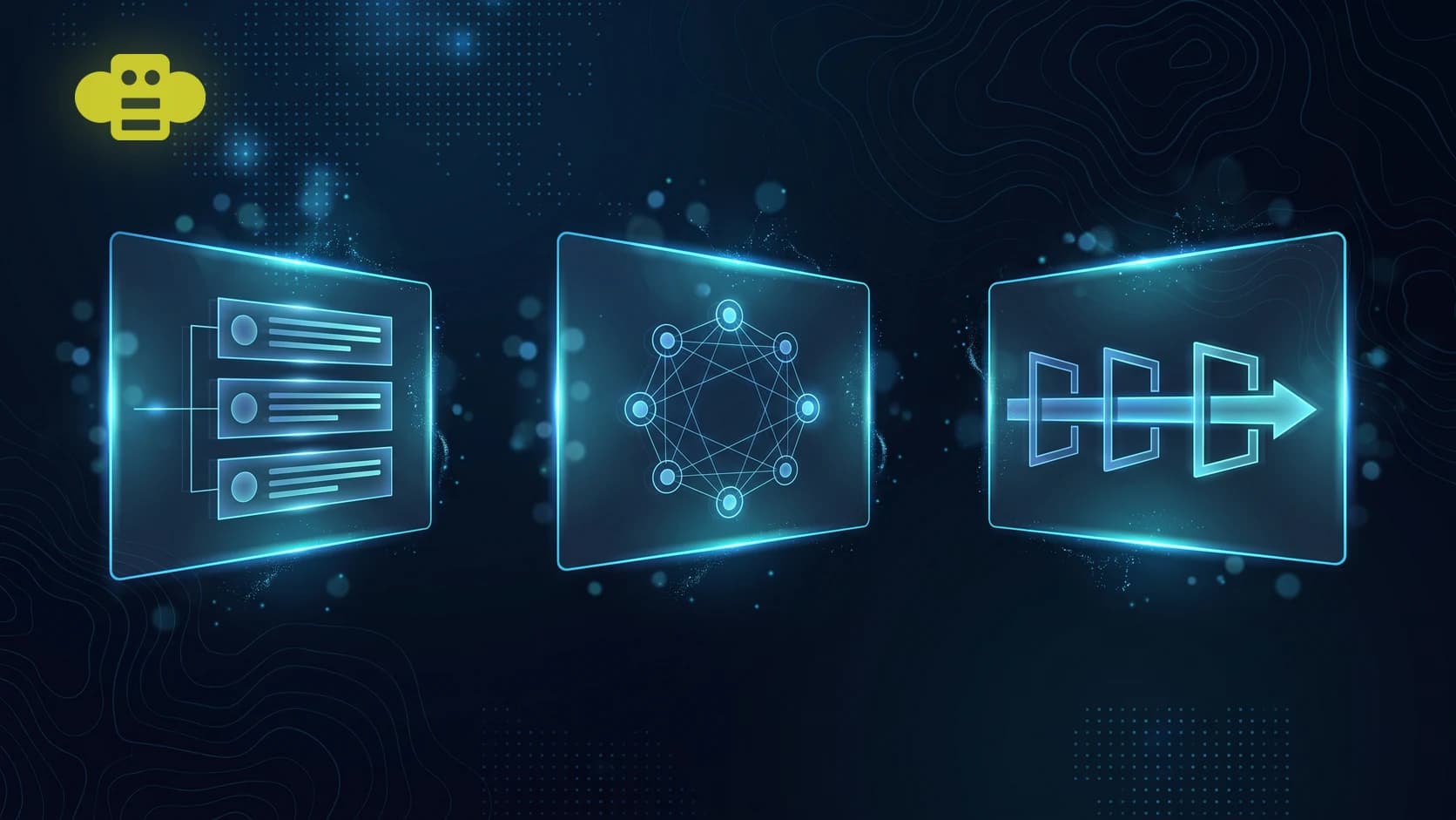 The chartreuse Buzz bee mark in the upper left, above three glowing translucent panels representing three placements for an AI agent: a chat channel of stacked message rows, a shared workspace ring, and a single pipeline running left to right through three gates.