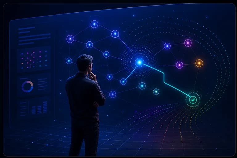 A strategist reviewing a luminous product decision map.