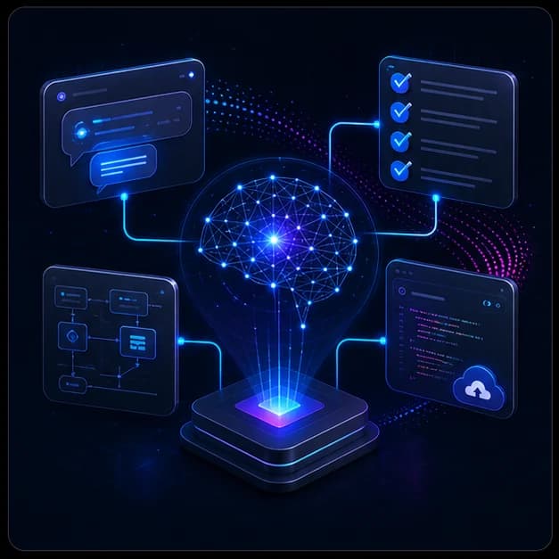 An AI consulting hub connected to workflow cards, checklists, and code review signals.